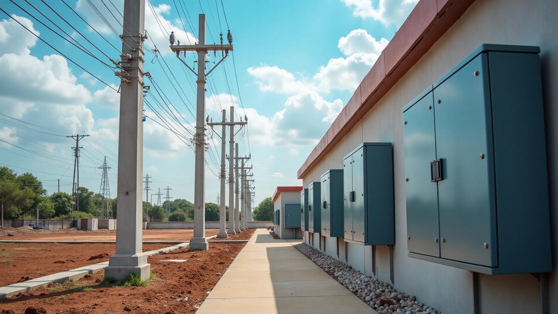 Pole-mounted distribution lines running beside a row of wall-mounted meter enclosures